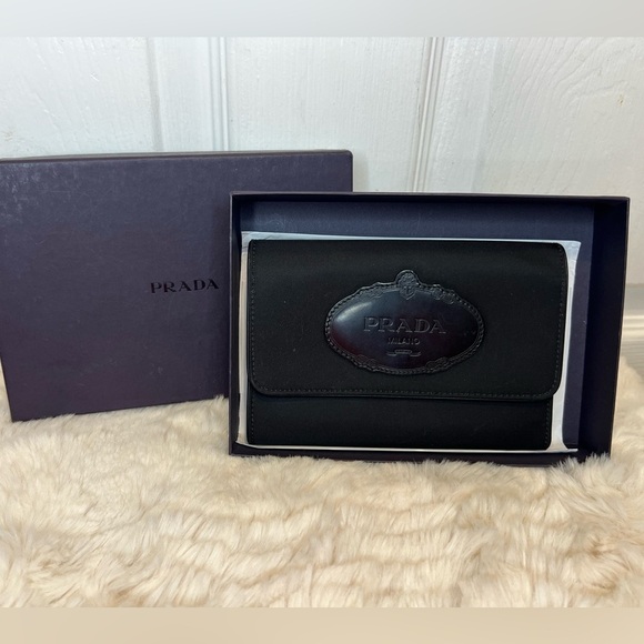 PRADA TRI-FOLD NERO BLACK COMPACT NYLON LEATHER WALLET - Picture 6 of 15